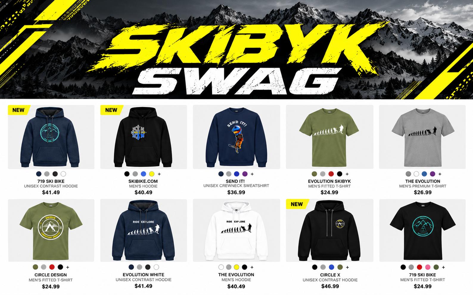 SkiByk branded merchandise — hoodies, tees, hats
